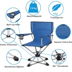 Tragbarer Drehstuhl Camping Zusammenklappbarer Drehstuhl mit Armlehnen und Anti-Rutsch Fußpolster Blau