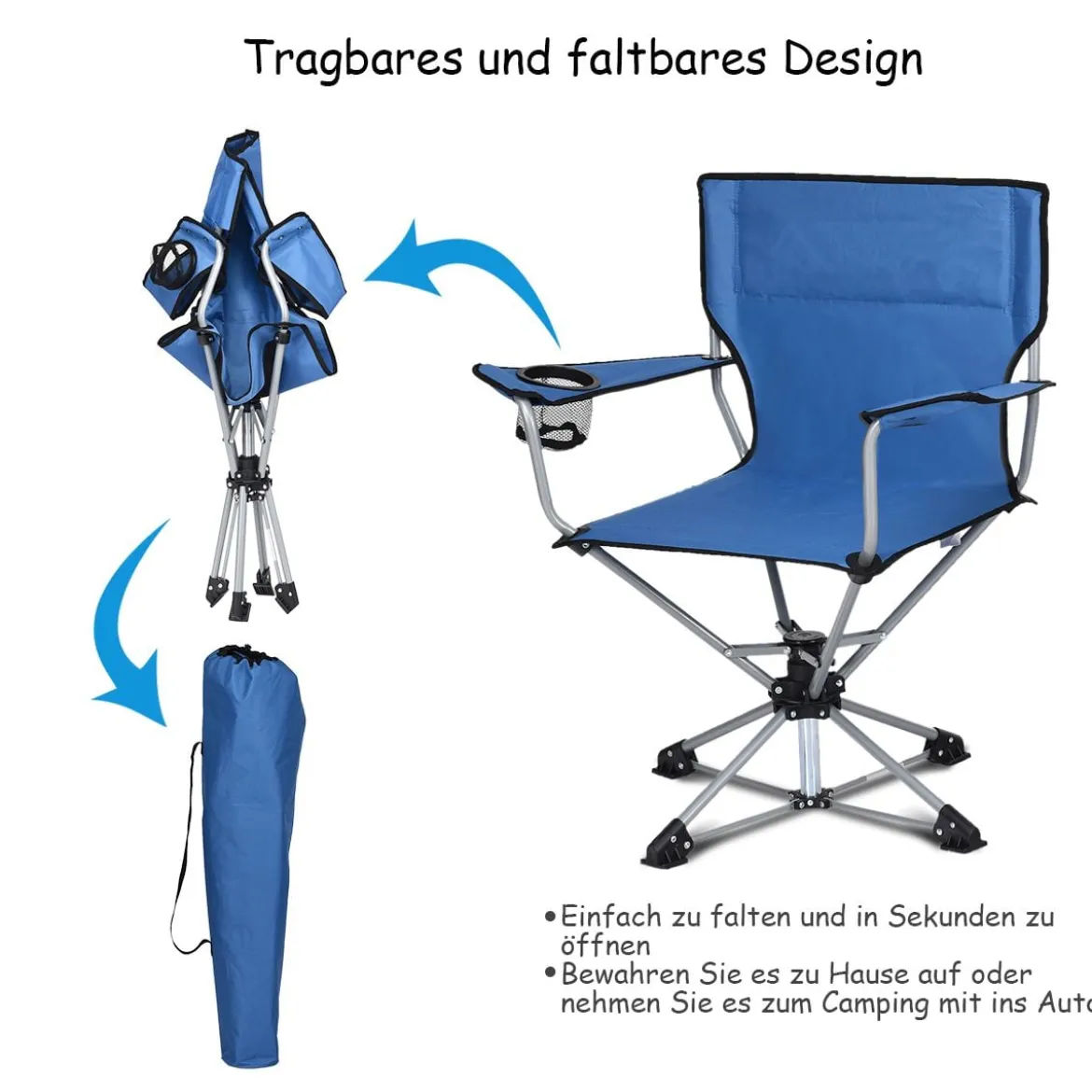 Tragbarer Drehstuhl Camping Zusammenklappbarer Drehstuhl mit Armlehnen und Anti-Rutsch Fußpolster Blau