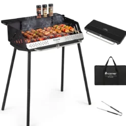 Tragbarer Holzkohlegrill 3-fach Höhenverstellbarer Campinggrill mit 2-Stufiger Grillrost Metallgestell