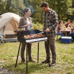 Tragbarer Holzkohlegrill 3-fach Höhenverstellbarer Campinggrill mit 2-Stufiger Grillrost Metallgestell