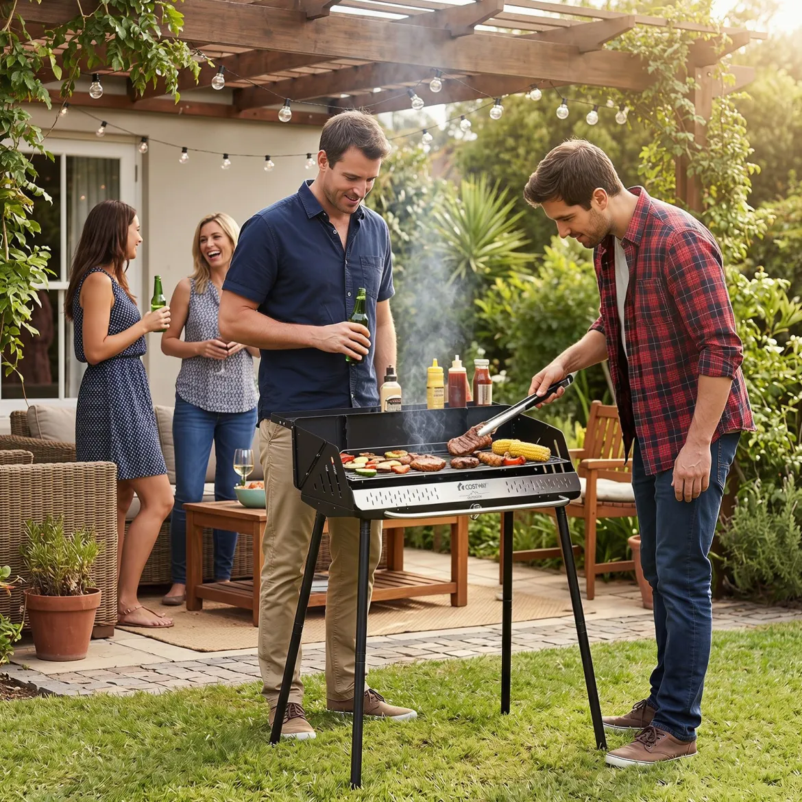Tragbarer Holzkohlegrill 3-fach Höhenverstellbarer Campinggrill mit 2-Stufiger Grillrost Metallgestell