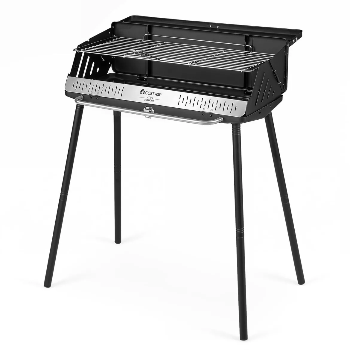 Tragbarer Holzkohlegrill 3-fach Höhenverstellbarer Campinggrill mit 2-Stufiger Grillrost Metallgestell