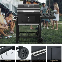 Tragbarer Holzkohlegrill Terrassengrill mit Rädern kohlegrill Holzkohle Grillwagen Schwarz