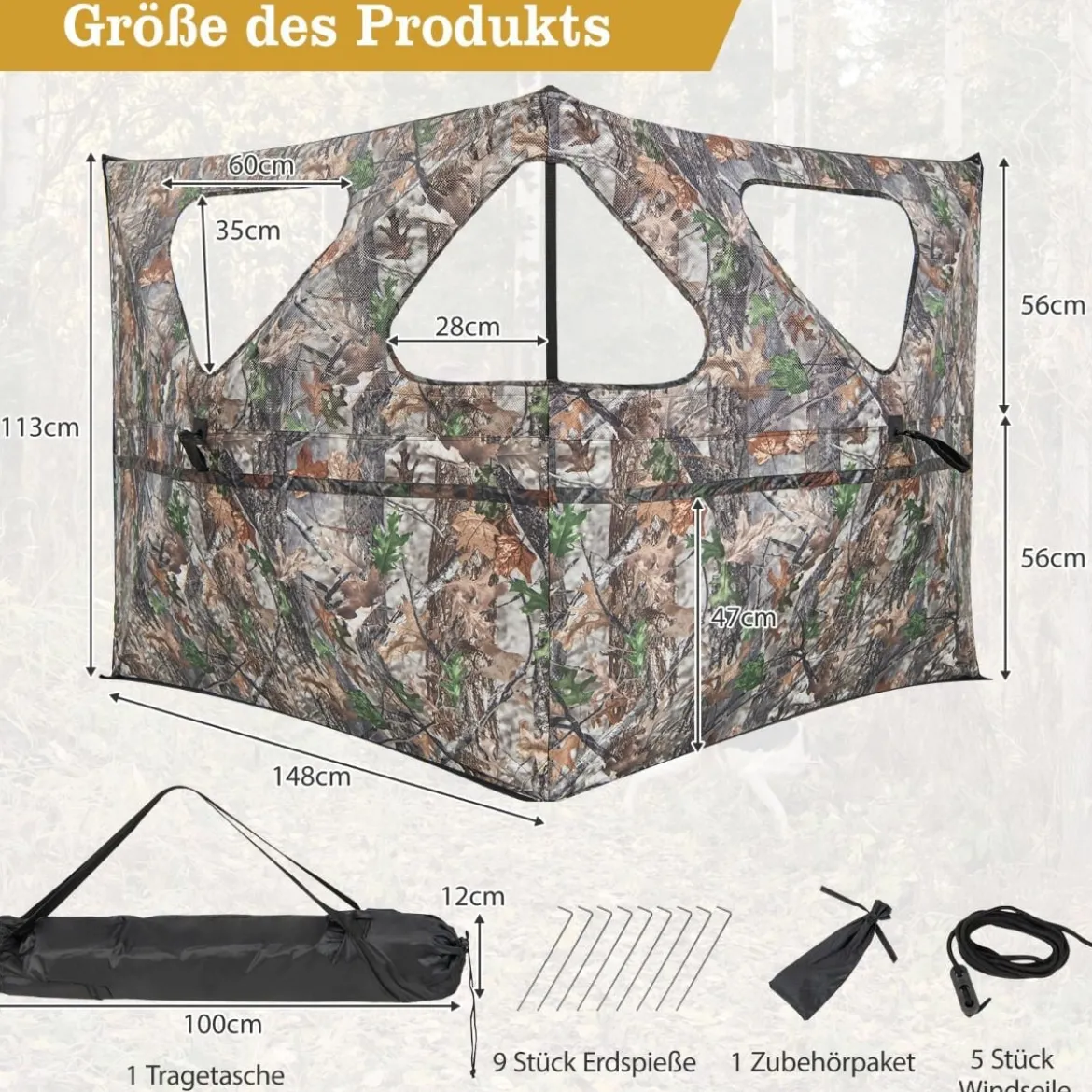 Tragbarer 360° Jagdunterstand 2-teiliges Pop-up-Jagdzelt mit Tragetasche einseitig durchsichtiges Tarnzelt Camouflagefarbig