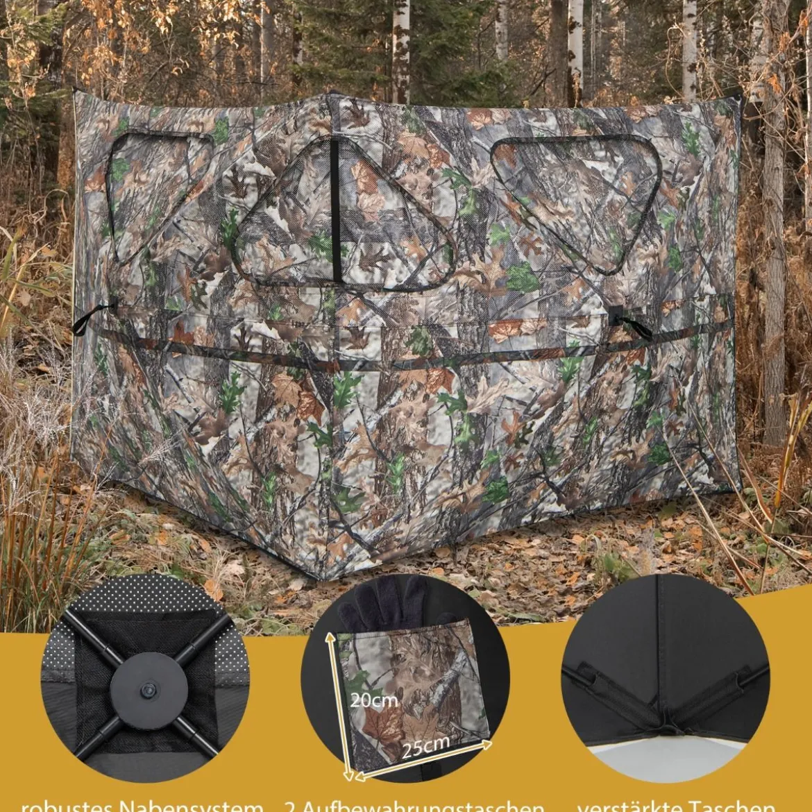 Tragbarer 360° Jagdunterstand 2-teiliges Pop-up-Jagdzelt mit Tragetasche einseitig durchsichtiges Tarnzelt Camouflagefarbig