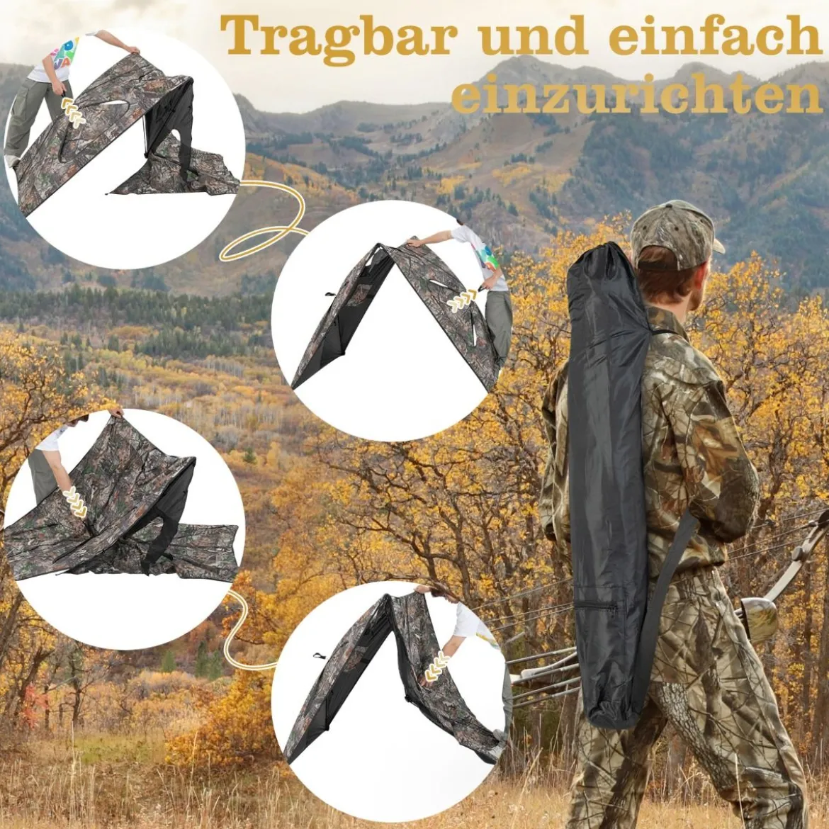 Tragbarer 360° Jagdunterstand 2-teiliges Pop-up-Jagdzelt mit Tragetasche einseitig durchsichtiges Tarnzelt Camouflagefarbig