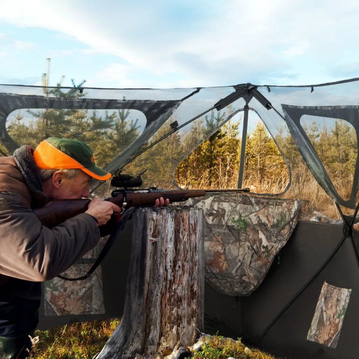 Tragbarer 360° Jagdunterstand 2-teiliges Pop-up-Jagdzelt mit Tragetasche einseitig durchsichtiges Tarnzelt Camouflagefarbig