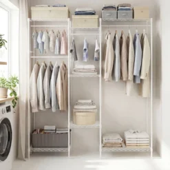Tragbarer Kleiderschrank wandelbarer Kleiderorganizer mit L-Form & horizontaler Montage Weiß