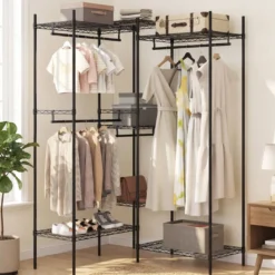 Tragbarer Kleiderschrank wandelbarer Kleiderorganizer mit L-Form & horizontaler Montage Schwarz