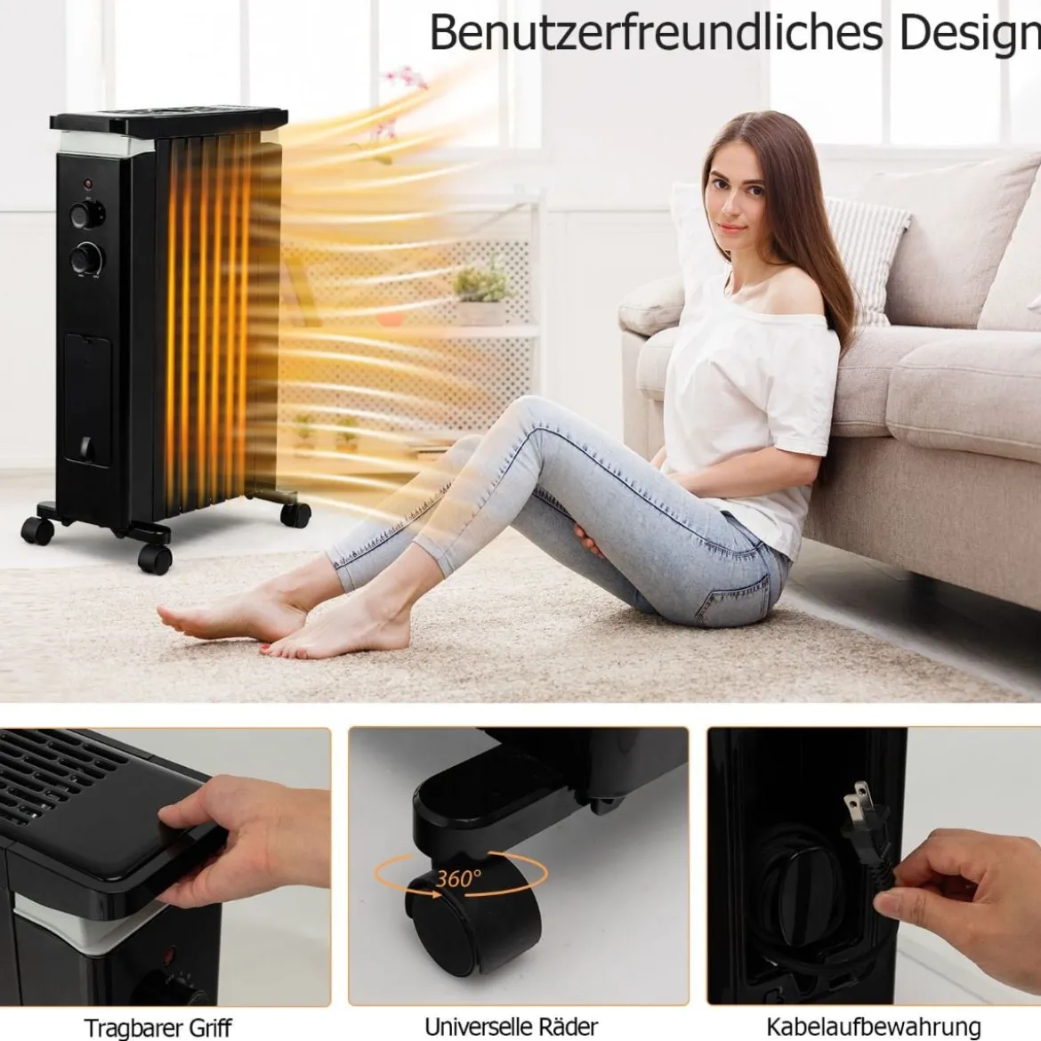 Tragbarer Ölgefüllter Heizkörper mit 3 Heizstufen & Universalrädern Schwarz