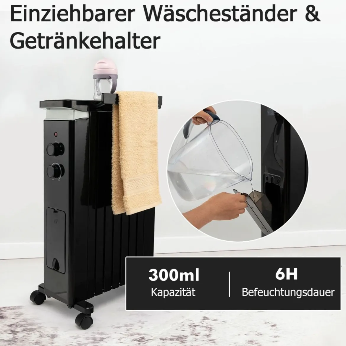 Tragbarer Ölgefüllter Heizkörper mit 3 Heizstufen & Universalrädern Schwarz