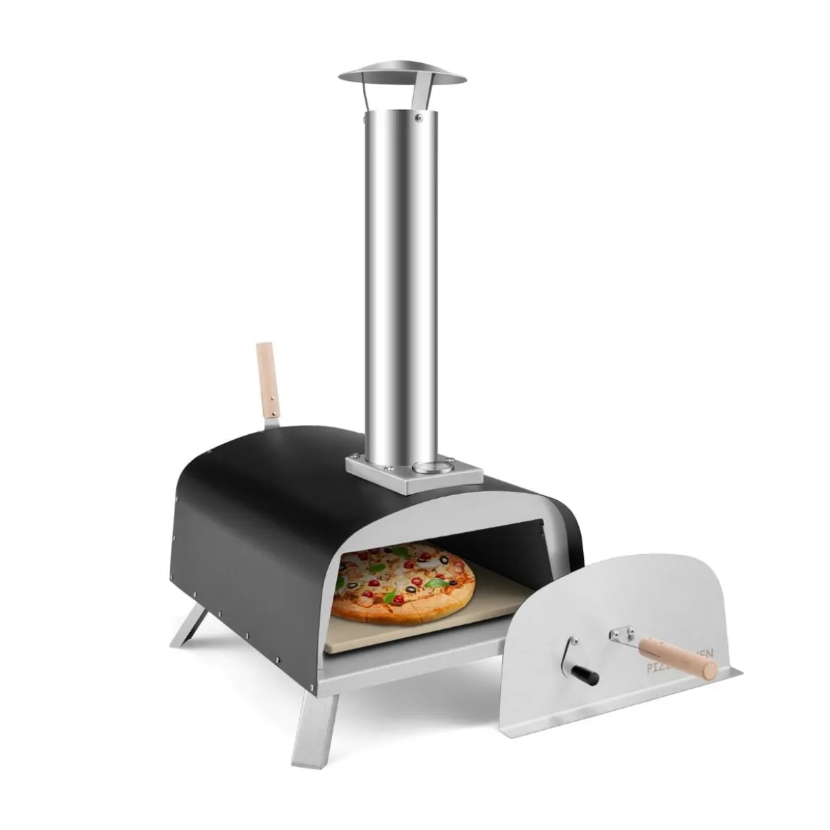 Tragbarer Outdoor-Pizzaofen Holzbefeuerter Hinterhof-Pizzamaker Silber + Schwarz