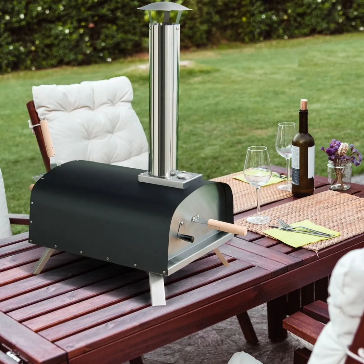 Tragbarer Outdoor-Pizzaofen Holzbefeuerter Hinterhof-Pizzamaker Silber + Schwarz
