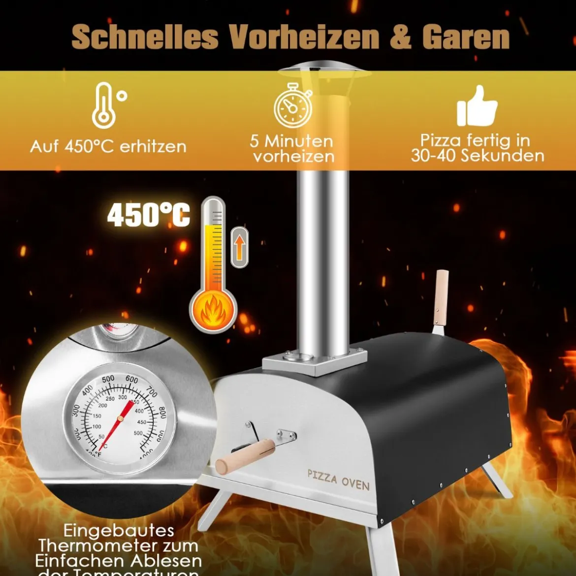 Tragbarer Outdoor-Pizzaofen Holzbefeuerter Hinterhof-Pizzamaker Silber + Schwarz