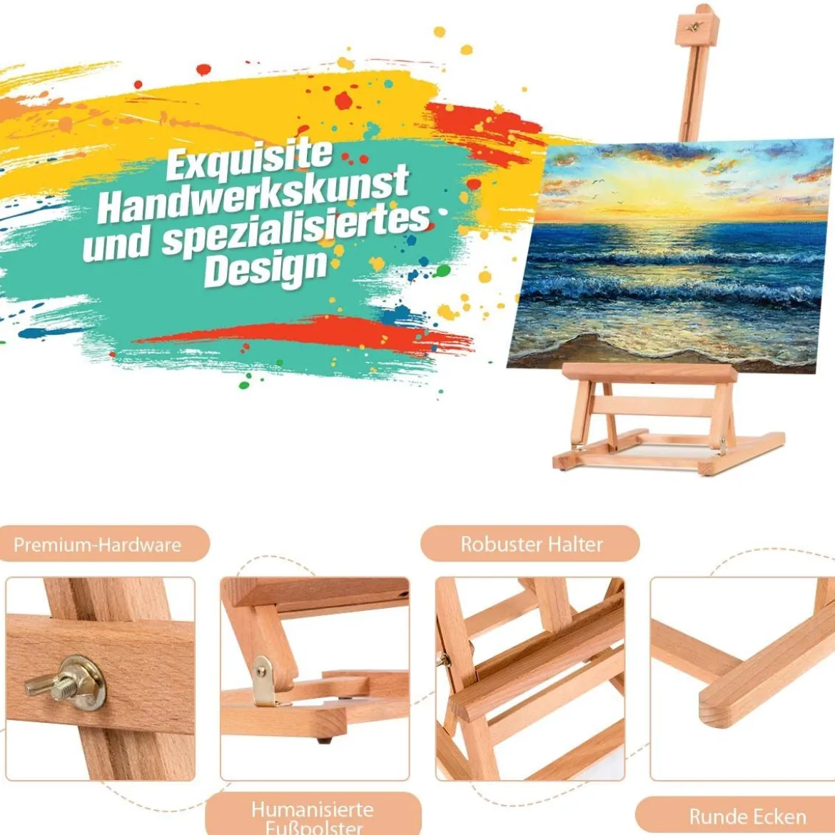 Tragbarer Verstellbarer Tisch-Staffelei Ständer aus Holz für Malerei Höhe von 74,5 cm bis 97 cm