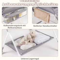 Tragbarer Wickeltisch klappbare Wickelstation mit 3-fach verstellbarer Höhe & feststellbaren Rollen Grau