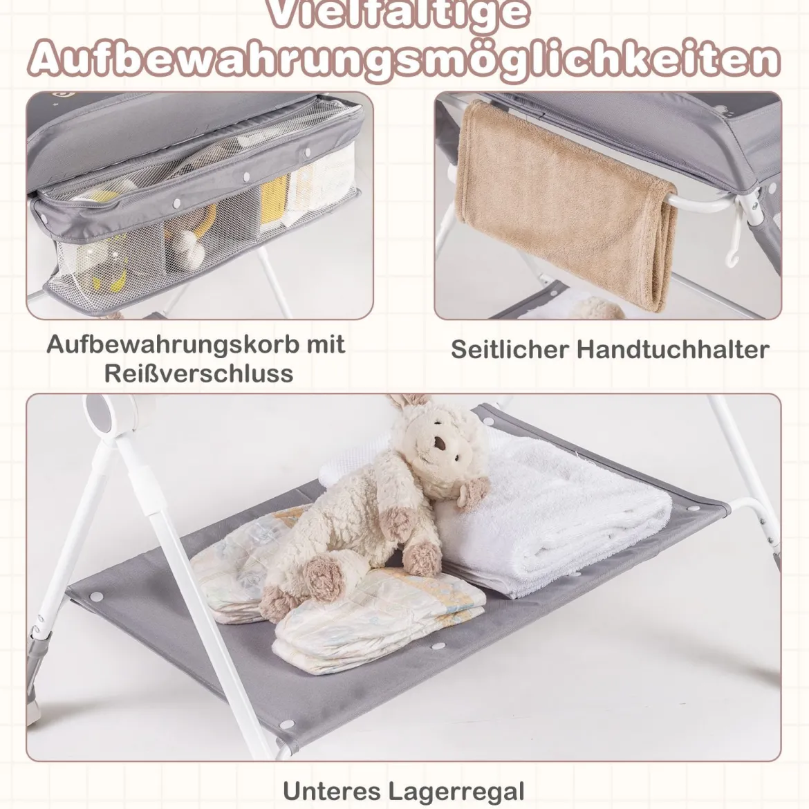 Tragbarer Wickeltisch klappbare Wickelstation mit 3-fach verstellbarer Höhe & feststellbaren Rollen Grau