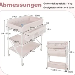 Tragbarer Wickeltisch mit Rollen Faltbare Wickelkommode mit Höhenverstellbarer Wickelauflage Beige