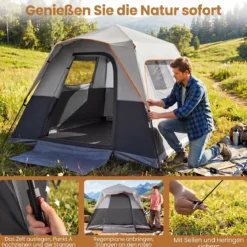 Tragbares Campingzelt für 6 Personen mit Sonnenschutz Wasserfestes Pop-up Zelt mit Tragetasche Grau