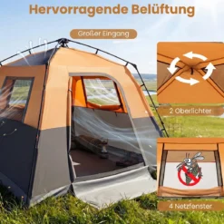 Tragbares Campingzelt für 6 Personen mit Sonnenschutz Wasserfestes Pop-up Zelt mit Tragetasche Orange