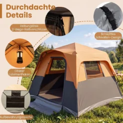 Tragbares Campingzelt für 6 Personen mit Sonnenschutz Wasserfestes Pop-up Zelt mit Tragetasche Orange