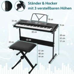 Tragbares elektronisches Keyboard mit 61 Tasten & Ständer & Hocker & Mikrofon Digitalpiano
