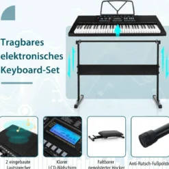 Tragbares elektronisches Keyboard mit 61 Tasten & Ständer & Hocker & Mikrofon Digitalpiano