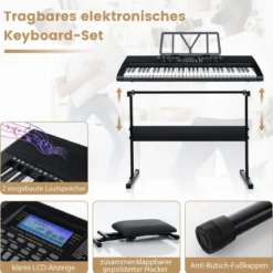 Tragbares Elektronisches Keyboard mit 61 Tasten & Ständer & Hocker Komplettes Digitalpiano