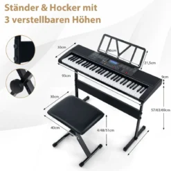 Tragbares Elektronisches Keyboard mit 61 Tasten & Ständer & Hocker Komplettes Digitalpiano