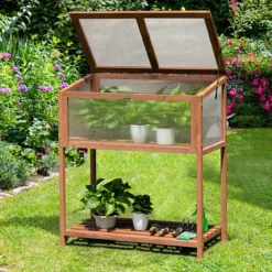 Tragbares Gewächshaus hölzernes Gewächshaus Frühbeet mit Ablage 90 x 49 x 104,5 cm Natur