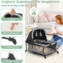 Tragbares 5-in-1-Babybett mit Reisebett & Wiege & Laufstall & Wickeltisch Schwarz + Grau