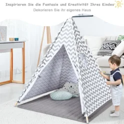 Tragbares Kinder SpielzeltIndianerzelt tragbar Stoffzelt Spielhaus für Kinder 120 x 120 x 160 cm Weiß + Grau