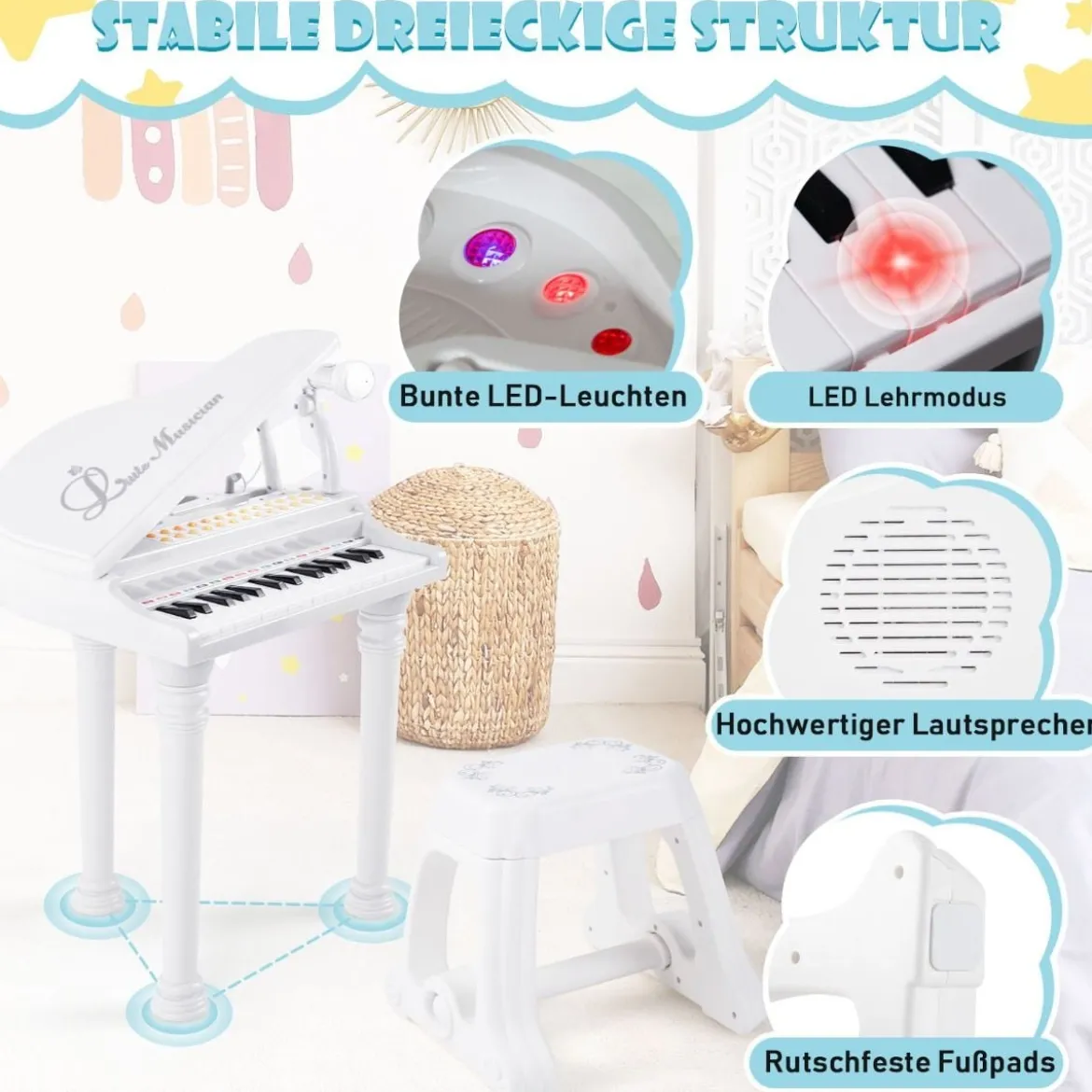 Tragbares Spielzeugklavier mit Hocker Elektronische Klaviertastatur 35 x 30 x 55 cm Weiß