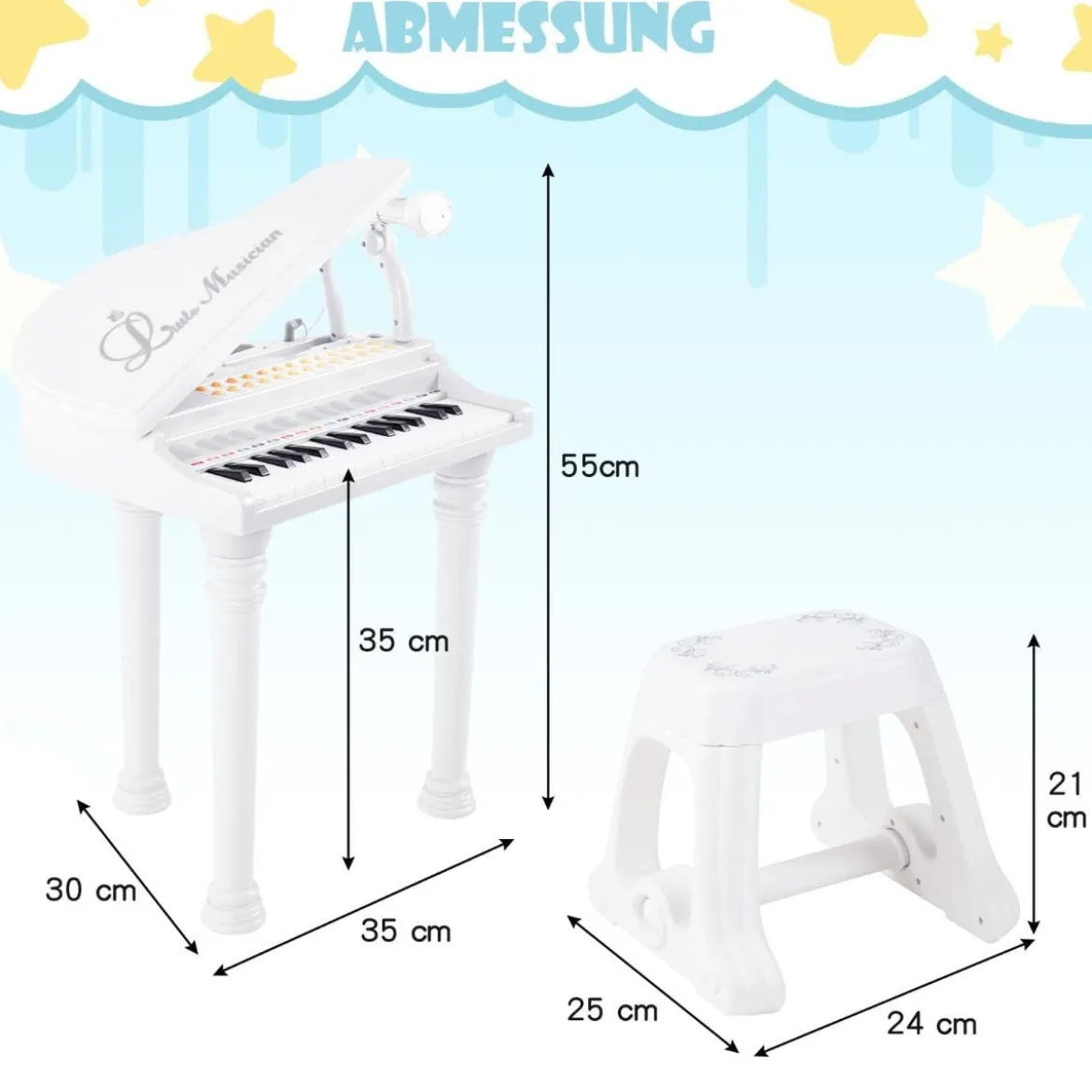Tragbares Spielzeugklavier mit Hocker Elektronische Klaviertastatur 35 x 30 x 55 cm Weiß