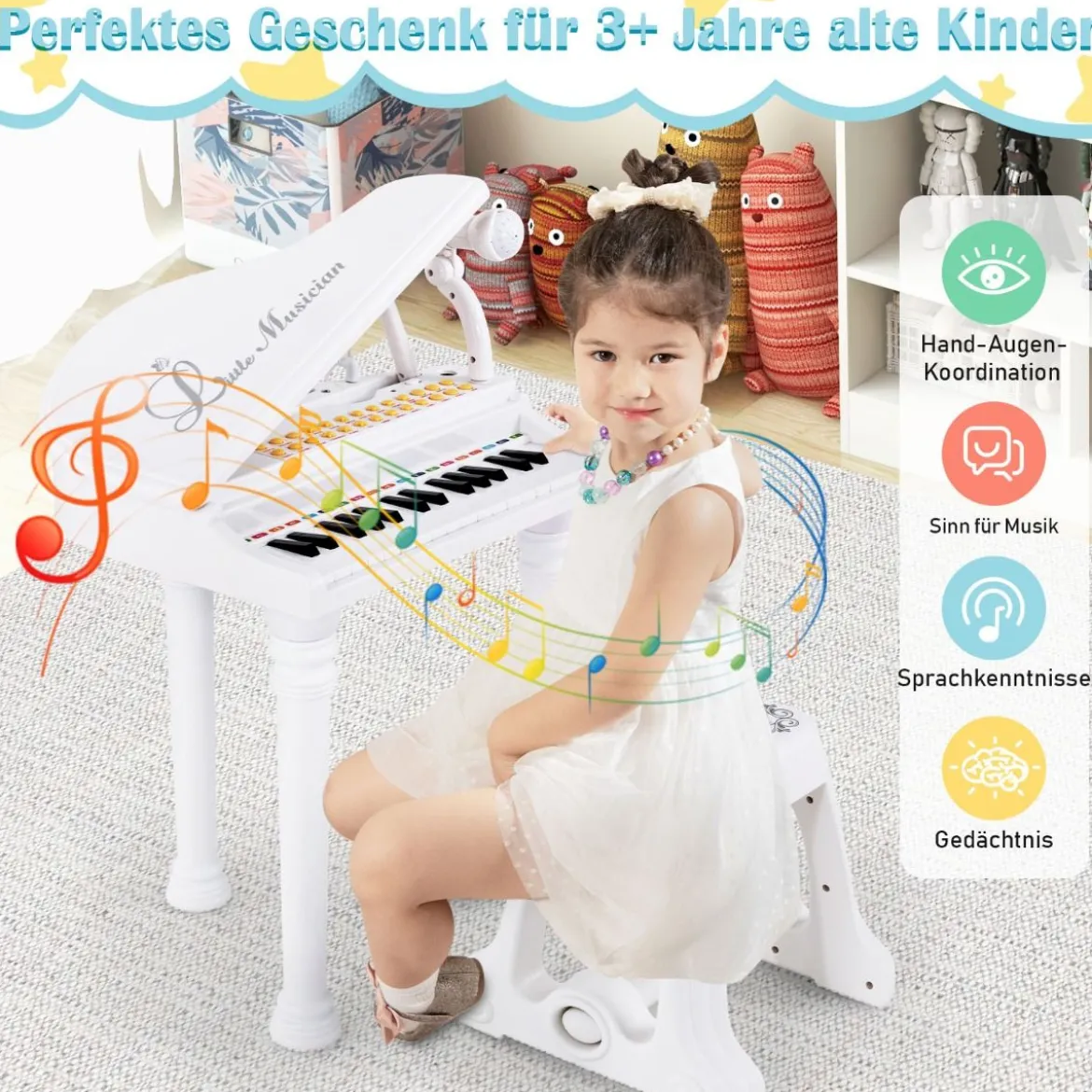 Tragbares Spielzeugklavier mit Hocker Elektronische Klaviertastatur 35 x 30 x 55 cm Weiß
