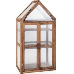 Tragbares 3-stöckiges Mini-Gewächshaus aus Holz mit Abnehmbaren Regalen Transparent