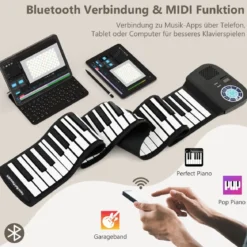 Tragbares 88 Tasten Roll Up Piano mit 128 Rhythmen & MIDI-Bluetooth Silikon Schwarz