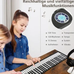 Tragbares 88 Tasten Roll Up Piano mit 128 Rhythmen & MIDI-Bluetooth Silikon Schwarz