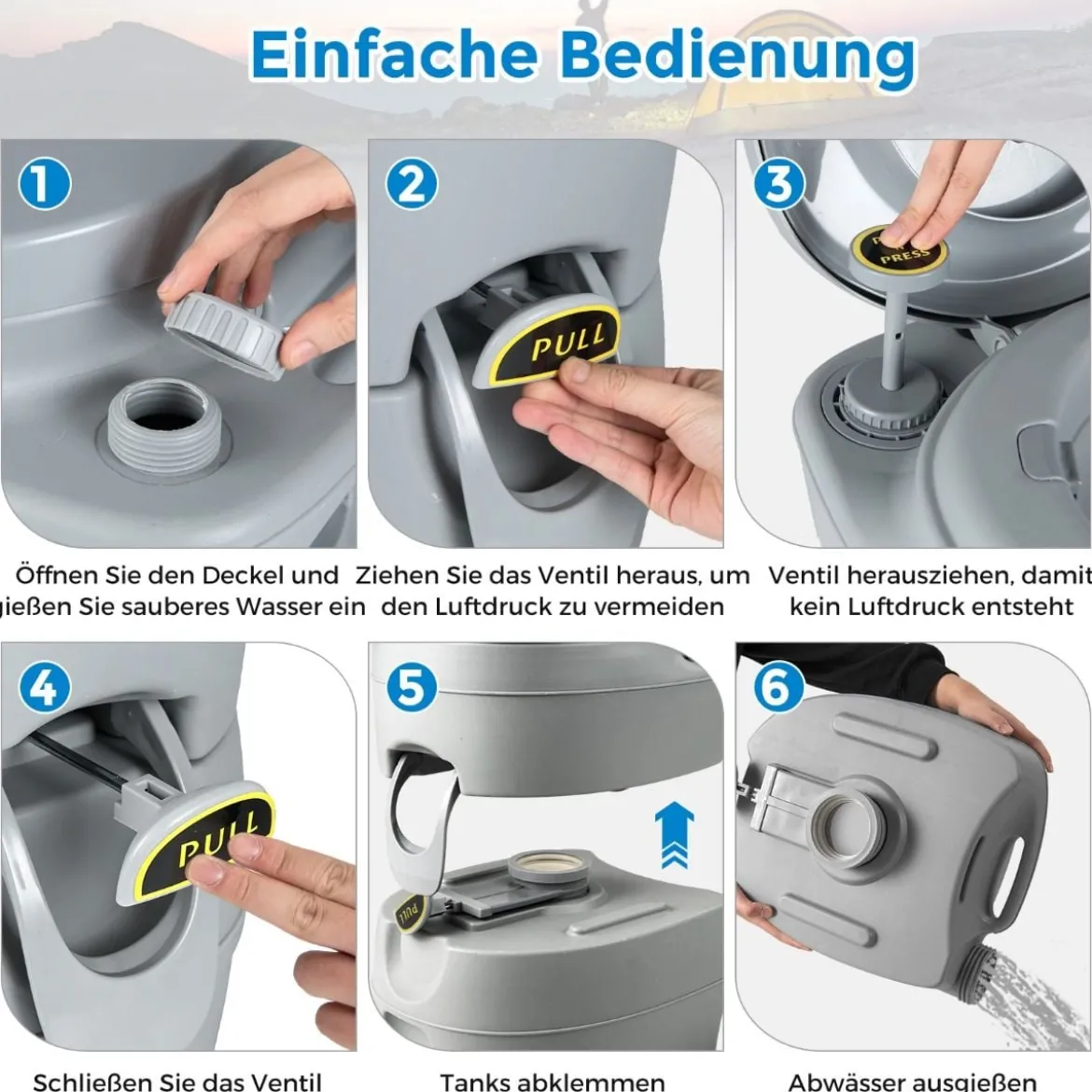 Tragbare Toilette kompakte Innen- und Außenkommode mit 20L abnehmbarem Abfalltank Grau