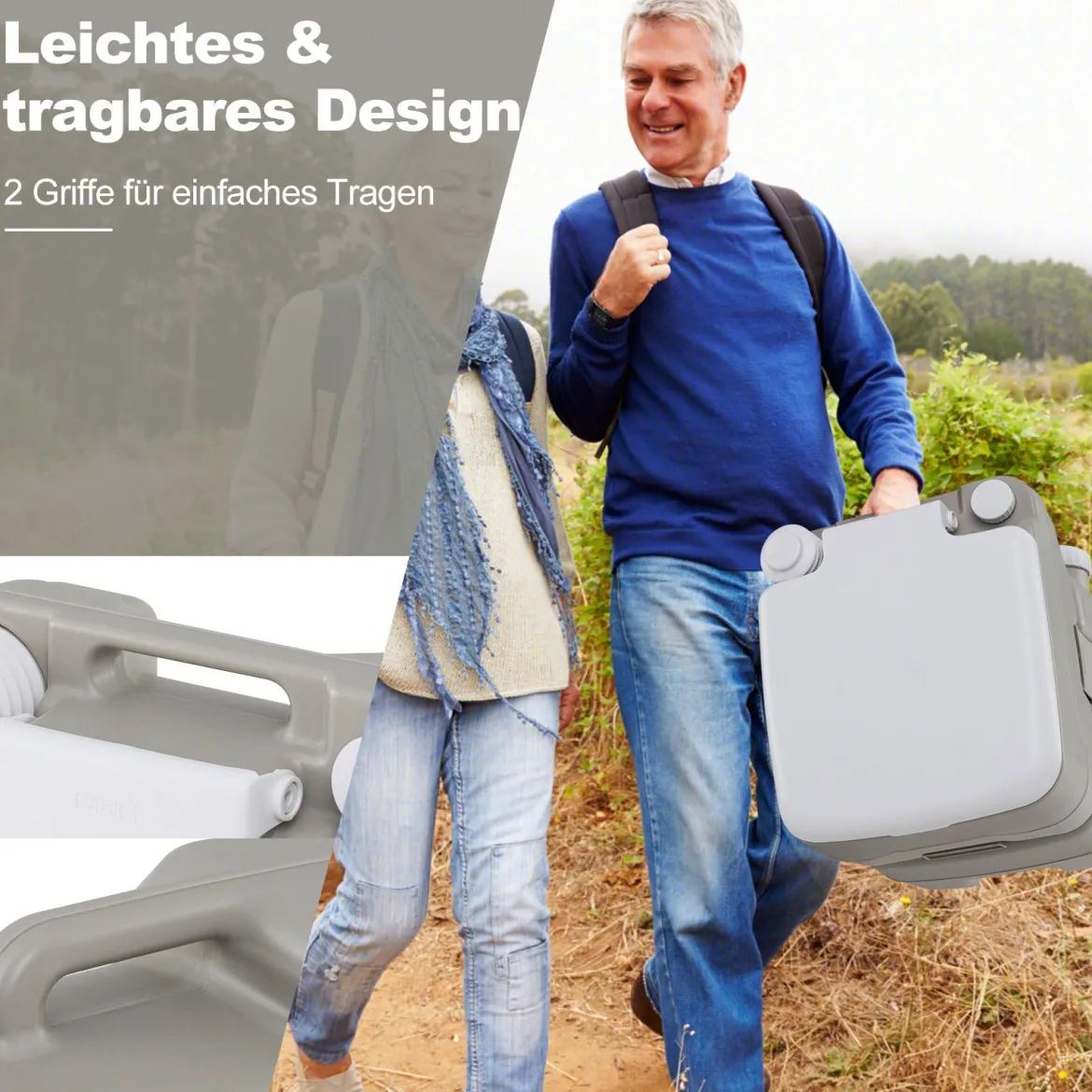Tragbare Toilette mit 20 L Abfalltank kompakte Reise-WC mit Spülpumpe & Teleskoptrichter Grau