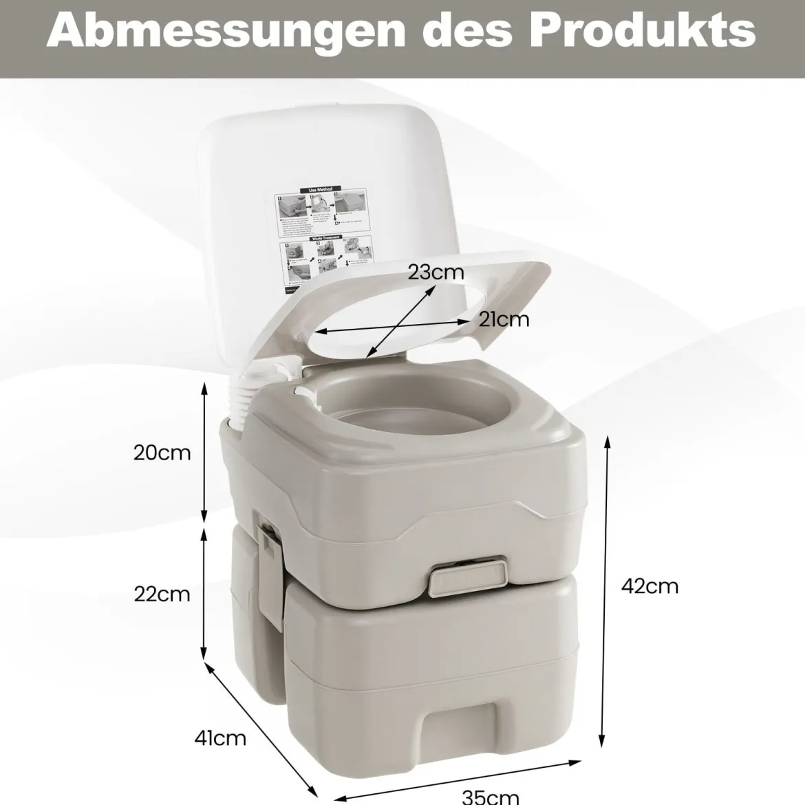 Tragbare Toilette mit 20 L Abfalltank kompakte Reise-WC mit Spülpumpe & Teleskoptrichter Grau