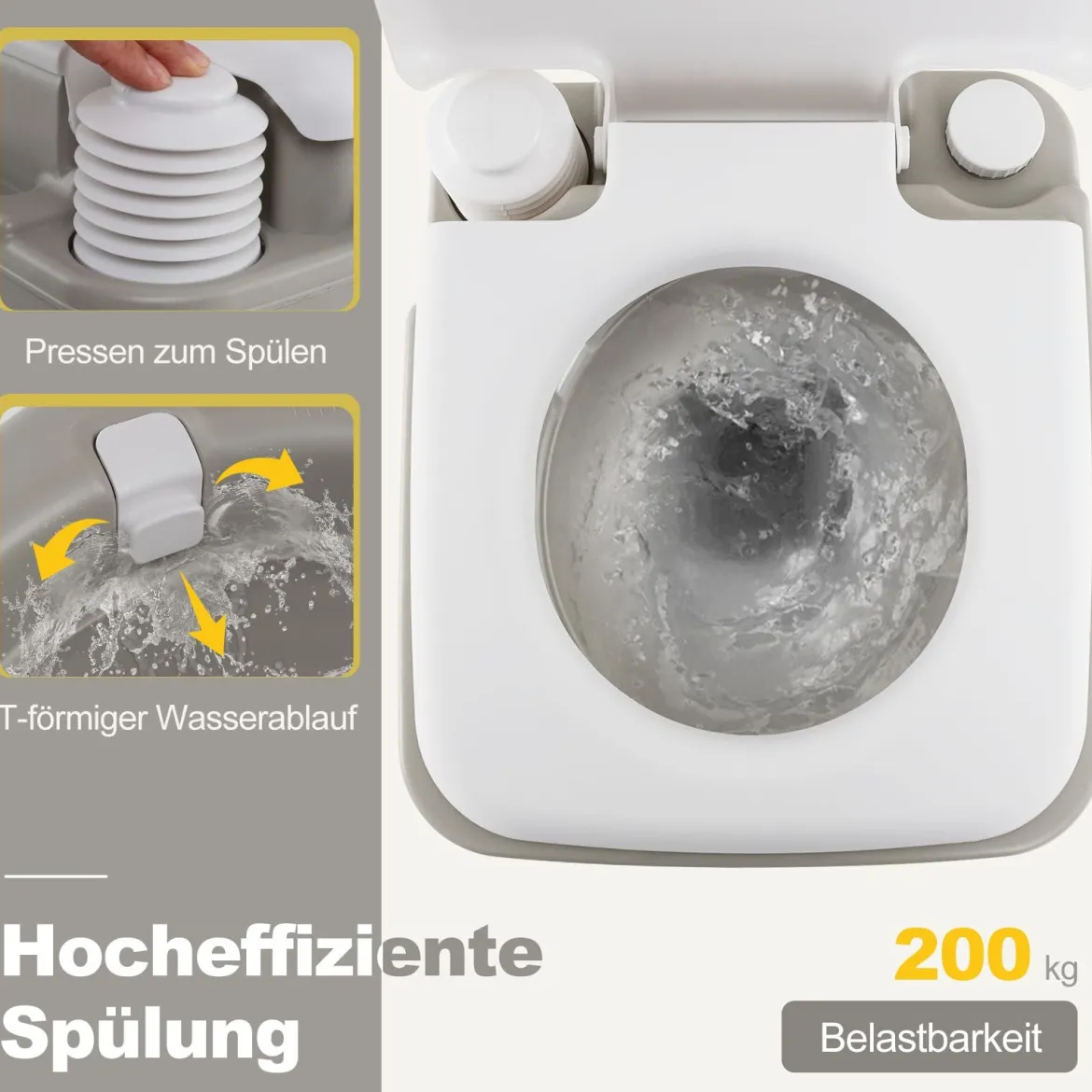 Tragbare Toilette mit 20 L Abfalltank kompakte Reise-WC mit Spülpumpe & Teleskoptrichter Grau