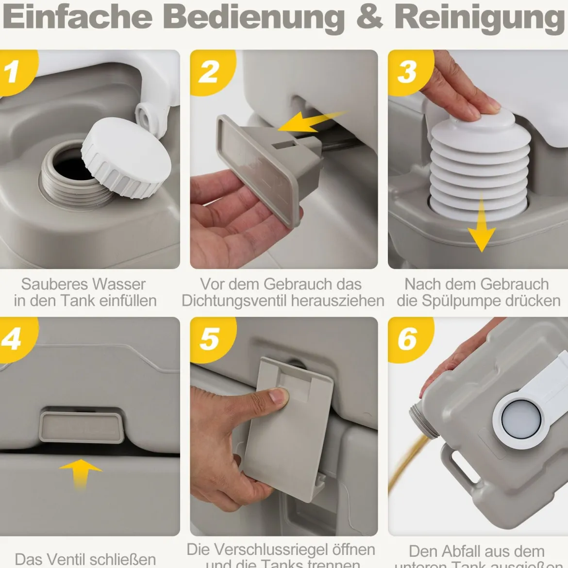 Tragbare Toilette mit 20 L Abfalltank kompakte Reise-WC mit Spülpumpe & Teleskoptrichter Grau