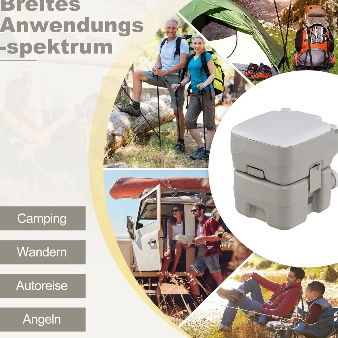Tragbare Toilette mit 20 L Abfalltank kompakte Reise-WC mit Spülpumpe & Teleskoptrichter Grau