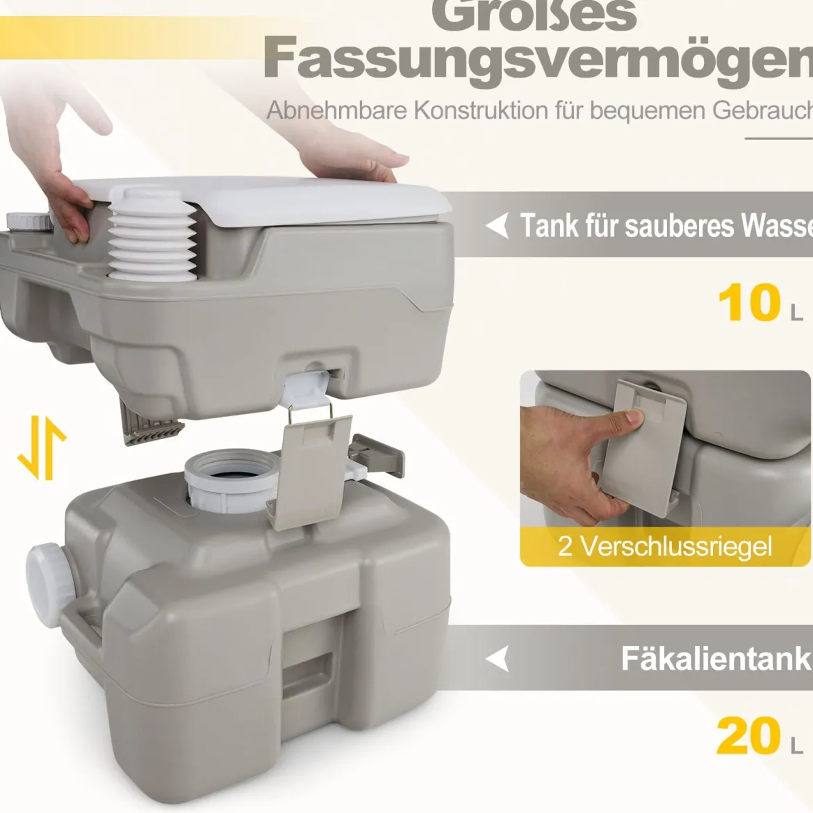 Tragbare Toilette mit 20 L Abfalltank kompakte Reise-WC mit Spülpumpe & Teleskoptrichter Grau