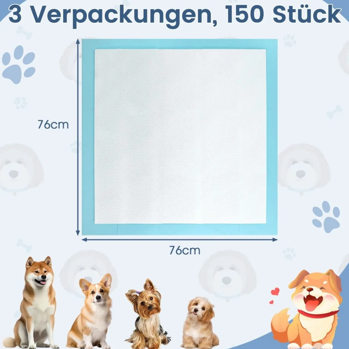 Trainingsunterlagen Hunde, Auslaufsicheres 6-lagiges Design, Welpenunterlagen Puppy-Pads (76 x 76 cm 150 Stück)