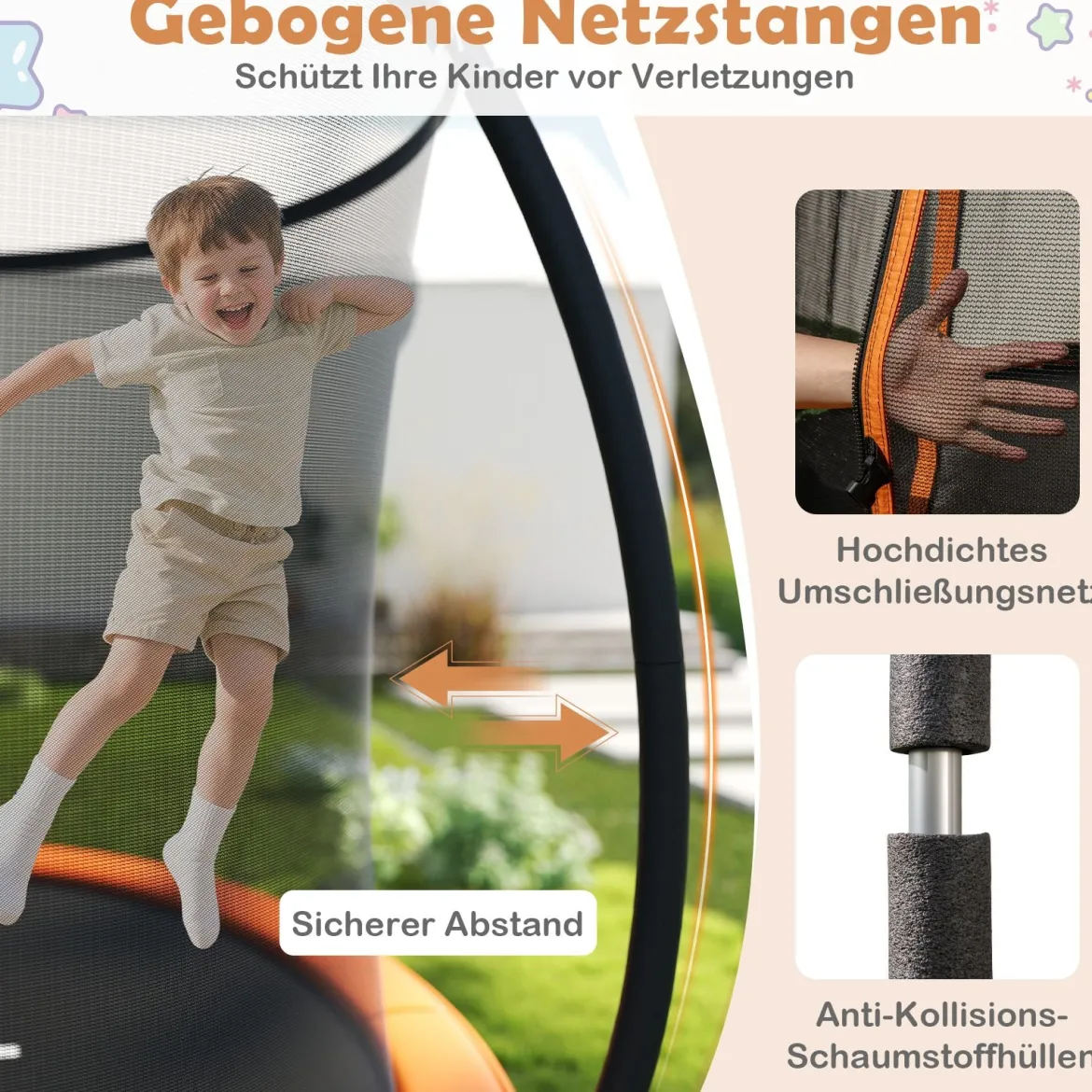 Trampolin outdoor mit Leiter Gartentrampolin rund mit Sicherheitsnetz Randabdeckung & Metallrahmen Ø366cm Orange