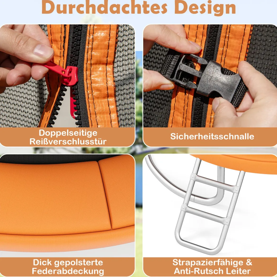 Trampolin outdoor mit Leiter Gartentrampolin rund mit Sicherheitsnetz Randabdeckung & Metallrahmen Ø366cm Orange