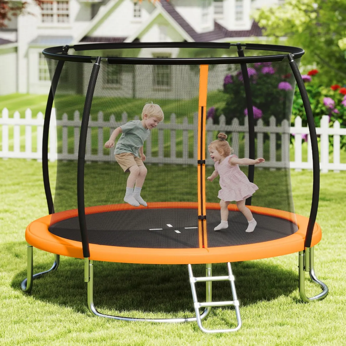 Trampolin outdoor mit Leiter Gartentrampolin rund mit Sicherheitsnetz Randabdeckung & Metallrahmen Ø366cm Orange