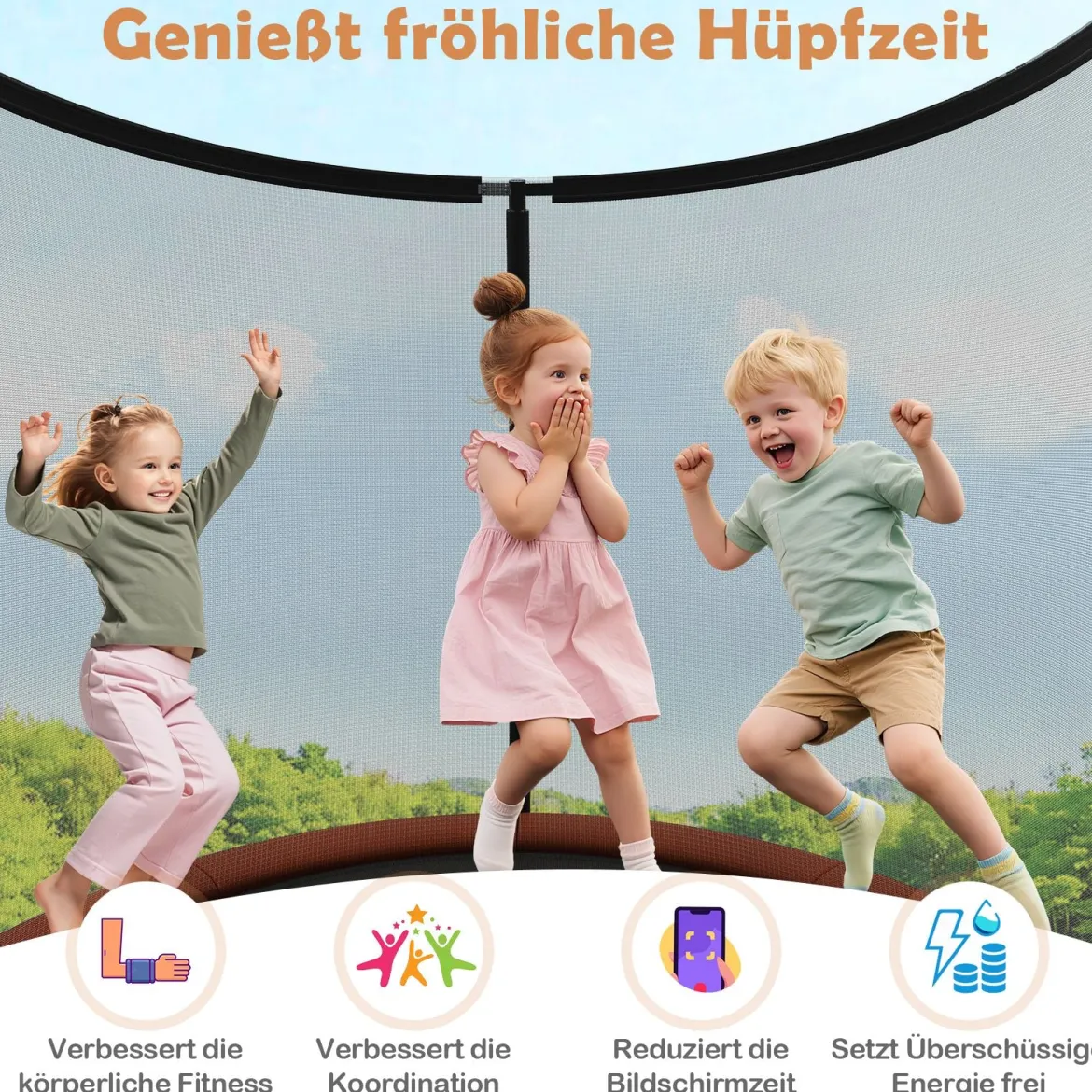 Trampolin outdoor mit Leiter Gartentrampolin rund mit Sicherheitsnetz Randabdeckung & Metallrahmen Ø366cm Orange